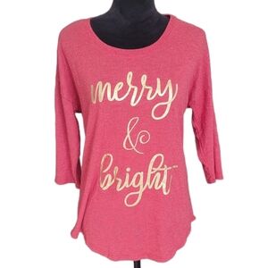 State Of Mine Holiday Red & Gold Merry & Bright 3/4 Sleeve Top Size Small